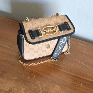 Bebe Beige and Black Crossbody Bag with Gold Chain